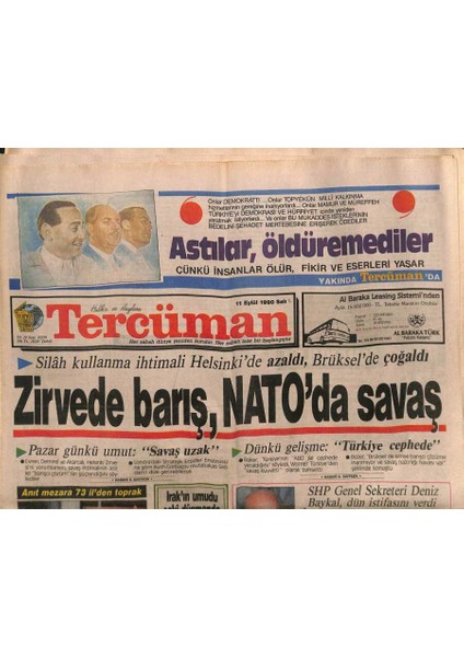 Tercüman Gazetesi 11 Eylül 1990 - Menderes Aydın Toprağına Defnedilecek - Inönüden Baykala Hodri Meydan GZ113521