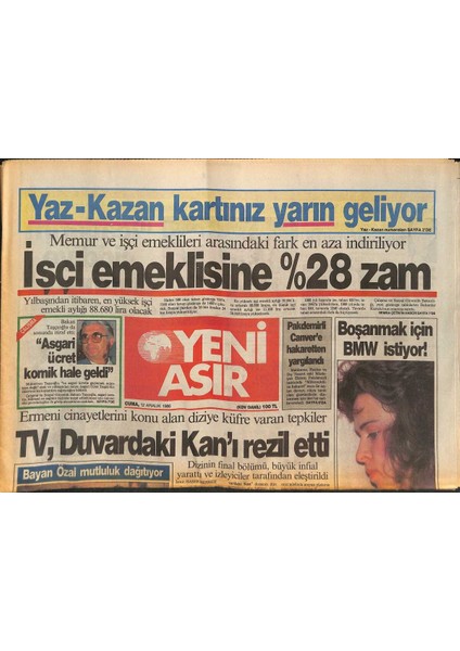 Yeni Asır Gazetesi 12 Aralık 1986 - Türkan Şoray , Unıcefin Kuruluş Yıldönümüne Katıldı - Naim Süleymanov Yarın Türkiyede GZ132092