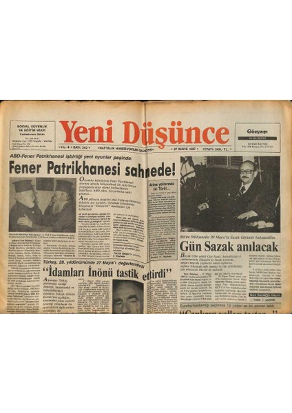 Yeni Düşünce Gazetesi 27 Mayıs 1987 - Fener Patrikhanesi Sahnede ! - Afgan Sanat Hazineleri Rusyaya Kaçırıldı GZ122736