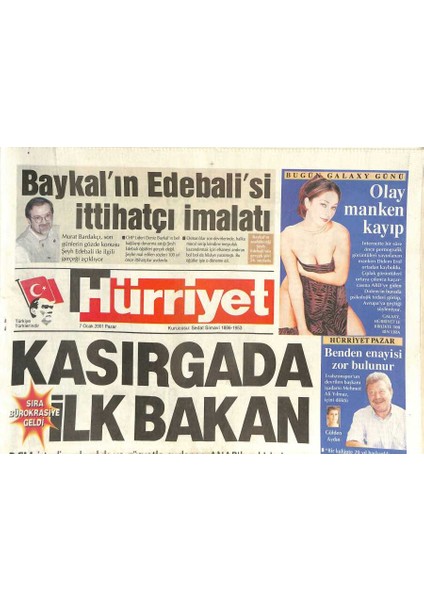 Hürriyet Gazetesi 7 Ocak 2001 - Manken Didem Erol Kayıp, Savaş Ay Banu Alkanı Öptü, Hande Cinayetinde Suçlu Çinkitaş Kim, Harry Potter Geliyor GZ126492
