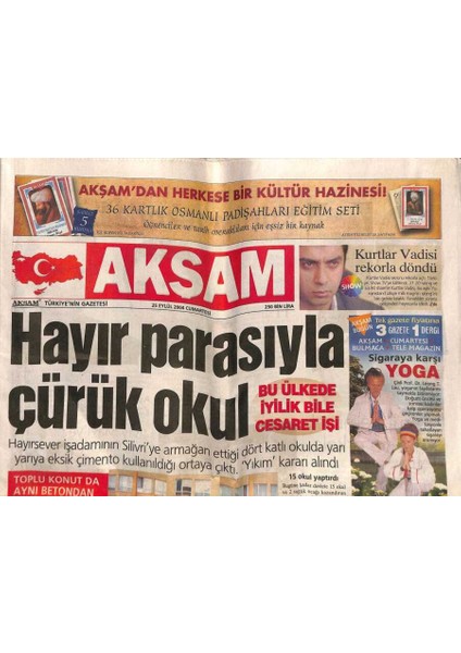 Akşam Gazetesi 25 Eylül 2004 - Kurtlar Vadisi Rekorla Döndü - Çorumda Yerli Hannibal Paniği GZ113533