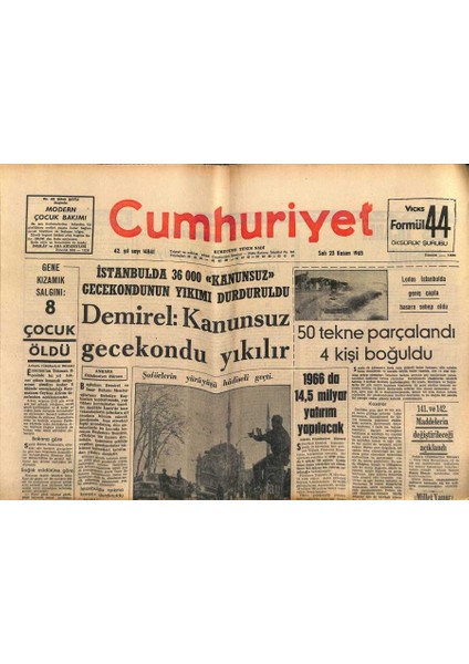 Cumhuriyet Gazetesi 23 Kasım 1965 - Clay M. Ali Mi , Patterson Mu ? - Demirel Kanunsuz Gecekondu Yıkılır GZ121841