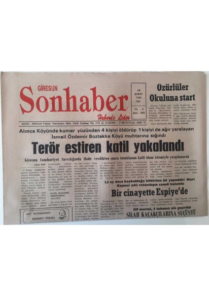 Giresun Son Haber Gazetesi 15 Şubat 1994 - Memurlara Grevli Sözleşme Hakkı Konusunda Sendikalar Birleşti , Özürlüler Okuluna Start GZ18259