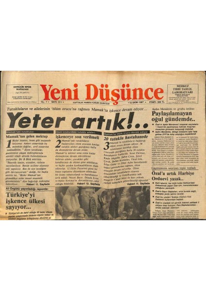 Yeni Düşünce Gazetesi 16 Ekim 1987 - Tutukluların ve Ailelerinin Ölüm Orucuna Rağmen Mamakta Işkence Devam Ediyor... GZ122811