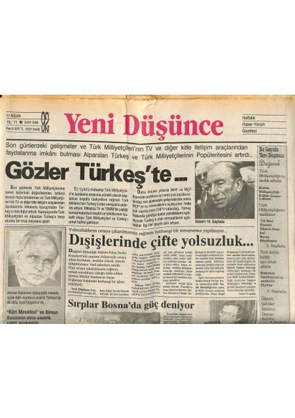 Yeni Düşünce Gazetesi 17 Nisan 1992 - Zorlu Töre Bm Kktcyi Tanısın - Arnavutçular Da Kürtçülüğe Soyundu GZ122843