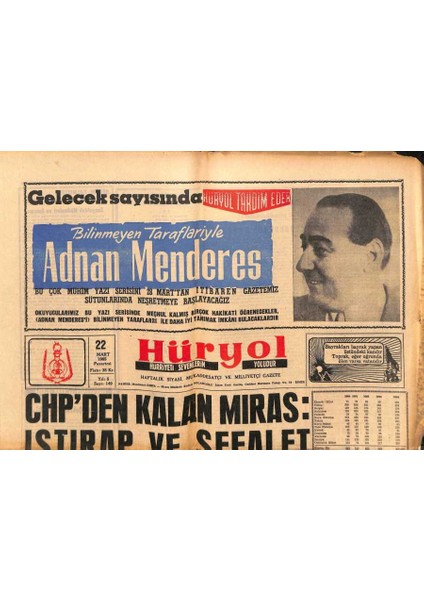 Hüryol Gazetesi 22 Mart 1965 - Chpden Kalan Miras Istırap ve Sefalet GZ109726