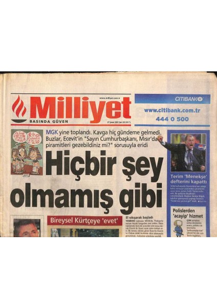 Milliyet Gazetesi 27 Şubat 2001 - Mgk Yine Toplandı . Kavga Hiç Gündeme Gelmedi - Fatih Terim Menekşe Defterini Kapattı GZ91933