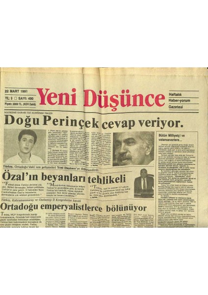 Yeni Düşünce Gazetesi 22 Mart 1991 - Türkeş Özalın Beyanları Tehlikeli - Yugoslavya Yolun Sonuna Doğru GZ122787