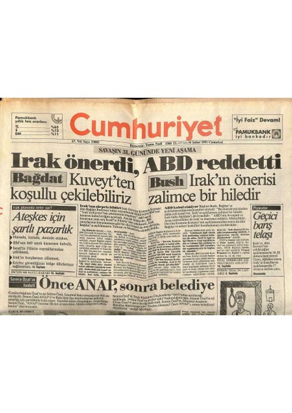 Cumhuriyet Gazetesi 16 Şubat 1991 - Tommikse Karşı Alparlsan - Körfez Savaşında Yeni Aşama... GZ121804