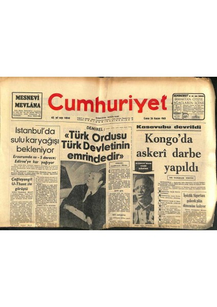 Cumhuriyet Gazetesi 26 Kasım 1965 - Türkiye Dahil , Dokuz Nato Ülkesinde Atom Silâhlı Uçak Var - Kongoda Askeri Darbe Yapıldı GZ121843