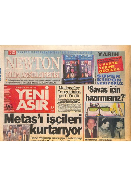 Yeni Asır Gazetesi 9 Ocak 1991 - Ispanyadan Uçak Gemisi De Geliyor - Metaşı Işçileri Kurtarıyor GZ132001