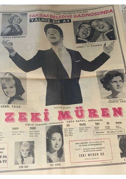 Hürriyet Gazetesi 11 Haziran 1964 - Taksim Belediye Gazinosu Dev Boy Afişi * Zeki Müren - Gönül Yazar - Mediha Demirkıran GZ91932