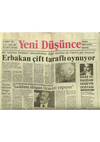 Yeni Düşünce Gazetesi 15 Şubat 1991 - Nazım Hikmet Magic Boxta - Baas ve Saddam Hüseyin Dosyası GZ122783