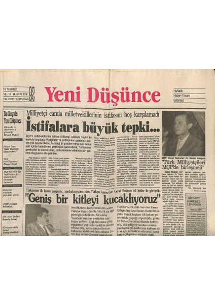Yeni Düşünce Gazetesi 10 Temmuz 1992 - Makedonyadan Türkeşe Mesaj - Abd-Iran Ilişkileri GZ122791