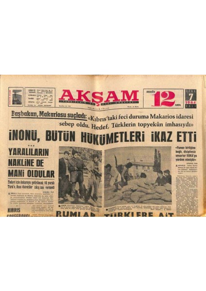 Akşam Gazetesi 7 Ocak 1964 - Türk Emniyet Müdürlüğü Kuruldu - Inönü Bütün Hükümeti Ikaz Etti GZ92217