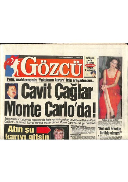 Gözcü Gazetesi 25 Kasım 2000 - Cavit Çağlar Monte Carloda ! - Cüneyt Arkından Ilginç Açıklama Akıllı Erkek Kılıbık Olmalı GZ96662