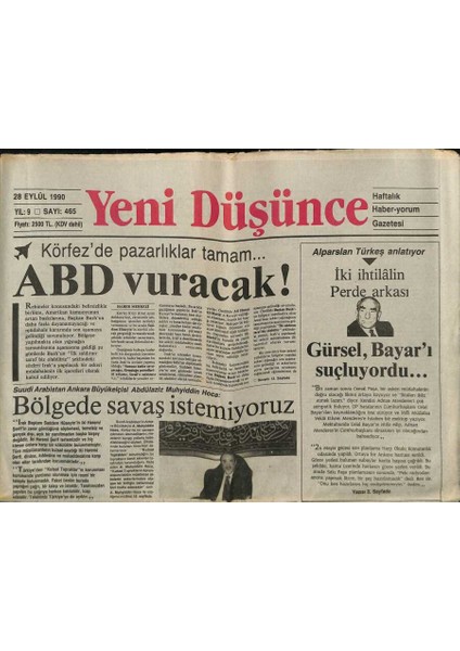 Yeni Düşünce Gazetesi 28 Eylül 1990 - Körfezde Pazarlıklar Tamam...abd Vuracak! - Türkeş Doğu Istismar Edilmemeli GZ122803