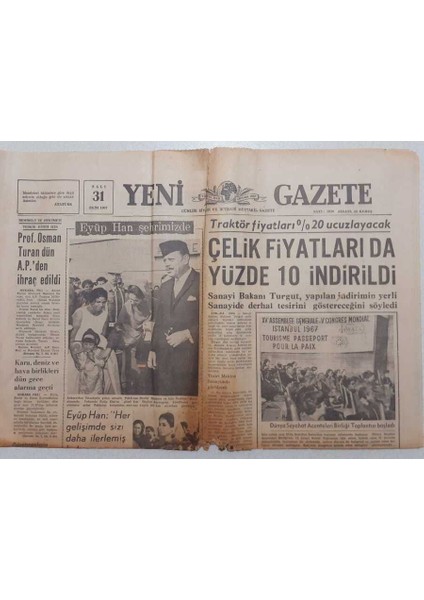 Yeni Gazete - 31 Ekim 1967 - Prof.osman Turan Ihraç Edildi GZ111975