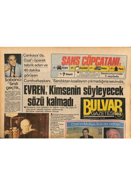 Bulvar Gazetesi 9 Kasım 1983 - Sabancı Sınıfı Geçtik - Amerikan Kongre Binasına Bomba Atıldı GZ127280