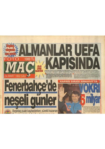 Fotomaç Gazetesi 24 Mart 1992 - Fenerbahçede Trabzon Alarmı - Almanlar Uefa Kupasında GZ126701