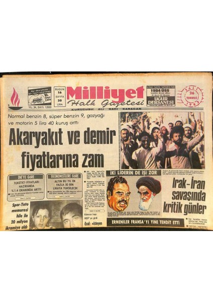 Milliyet Halk Gazetesi 26 Temmuz 1983 - Irak-Iran Savaşında Kritik Günler - Türkmen Ailesinin En Büyük Tutkusu Atlar GZ126730