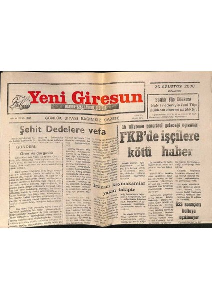 Yeni Giresun Gazetesi 26 Ağustos 2000 - Fkbde Işçilere Kötü Haber GZ77964