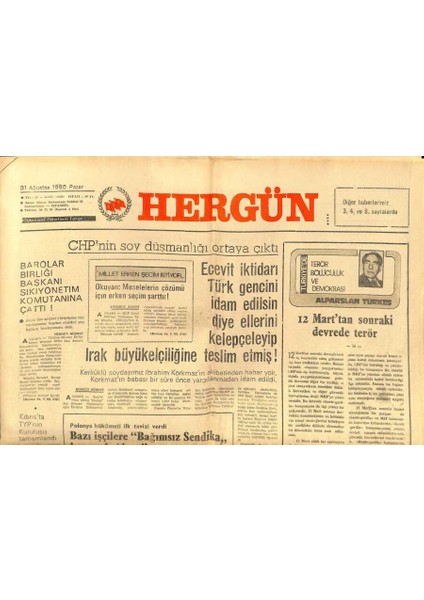 Hergün Gazetesi 31 Ağustos 1980 - Chpnin Soy Düşmanlığı Ortaya Çıktı GZ103999