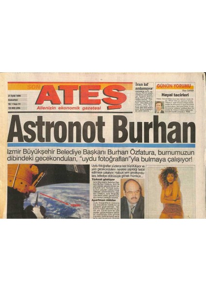 Ateş Gazetesi 21 Eylül 1996 - Türkan Şoray Şahmeranlığı Sevdi - Tina , 19 Tır Eşyayla Geldi GZ114783