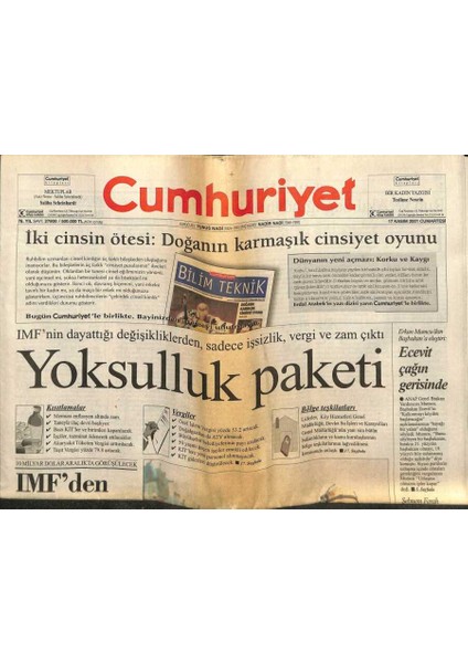 Cumhuriyet Gazetesi 17 Kasım 2001 - Imfnin Dayattığı Değişikliklerden , Sadece Işsizlik , Vergi ve Zam Çıktı GZ92950