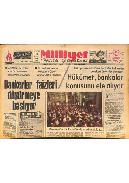 Milliyet Halk Gazetesi 26 Haziran 1982 - Canbolat Fkö Bölündü , Her Şey Bitti - Bankerler Faizleri Düşürmeye Başlıyor GZ126638