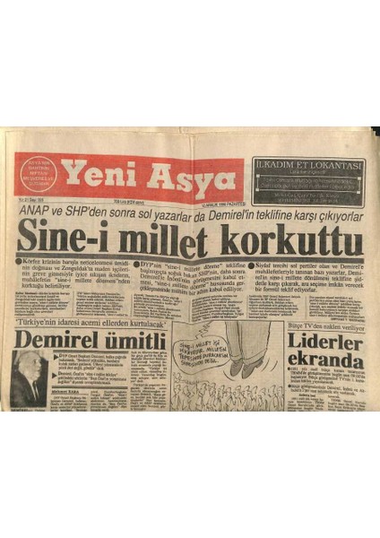 Yeni Asya Gazetesi 10 Aralık 1990 - Anap ve Shpden Sonra Sol Yazarlar Demirelin Teklifine Karşı Çıkıyor GZ104239