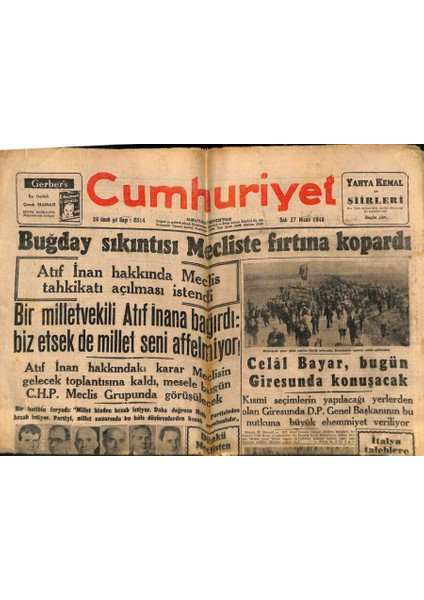 Cumhuriyet Gazetesi 27 Nisan 1948 - Celal Bayar , Bugün Giresunda Konuşacak - Rendova Uçak Taşıt Gemisi Yarın Geliyor GZ92908