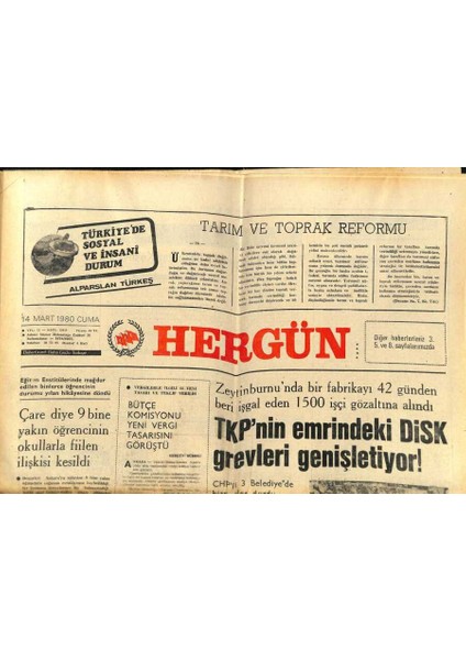 Hergün Gazetesi 14 Mart 1980 - Disk Grevleri Genişliyor GZ104142