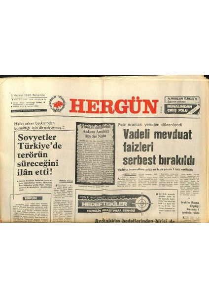 Hergün Gazetesi 5 Haziran 1980 - Vadeli Mevduat Faizleri Serbest Bırakıldı GZ104147