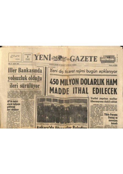 Yeni Gazete Gazetesi 3 Ocak 1970 - 450 Milyon Dolarlık Ham Madde Ithal Edilecek GZ114011