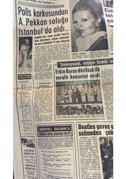 Yeni Gazete Gazetesi 10 Ocak 1970 - Polis Korkusundan Ajda Pekkan Soluğu Istanbulda Aldı.. - Beatles Yavaş Yavaş Sahneden Çekiliyor GZ114012