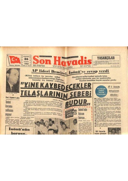 Son Havadis Gazetesi 26 Ağustos 1965-TURIZM Bakanı Dorman Istifa Etti-Yunan Meclisinde Kavga Çıktı GZ102694