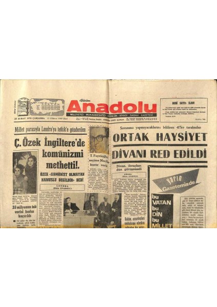 Anadolu Gazetesi 25 Şubat 1970 - Batı Trakyada Türklere Ait Her Şey Imha Ediliyor GZ97544