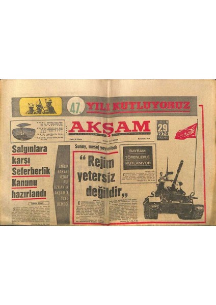 Akşam Gazetesi 29 Ekim 1970 - Salgınlara Karşı Seferberlik Kanunu Hazırlandı GZ97719