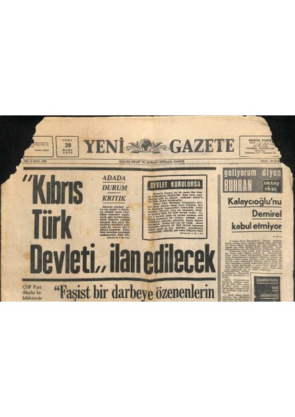 Yeni Gazete Gazetesi 20 Mart 1970 - Kıbrıs Türk Devleti Ilan Edilecek - Tel-Aviv Seferlerini Thyde Iptal Etti GZ118102