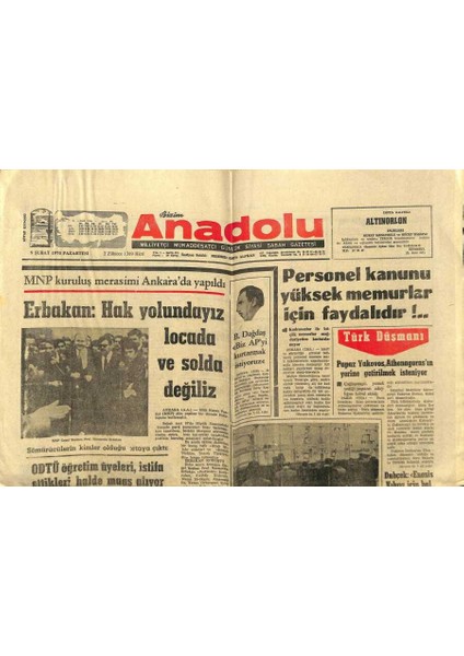Bizim Anadolu Gazetesi 9 Şubat 1970 - Necmettin Erbakanhalk Yolundayız Locada ve Solda Değiliz GZ97863