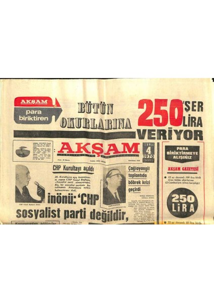 Akşam Gazetesi - 4 Temmuz 1970 - Inönü Chp Sosyalist Parti Değildir GZ99765