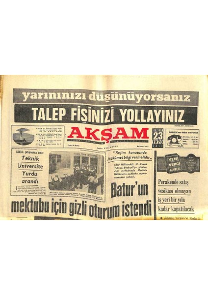 Akşam Gazetesi - 23 Haziran 1970 - Enosis Lafı Huzursuzluk Yaratıyor GZ99815