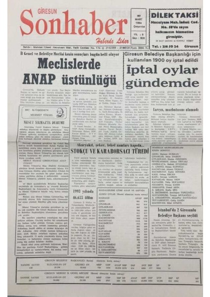 Giresun Son Haber Gazetesi 30 Mart 1994 Larçın, Mazbatasını Alamadı GZ14169