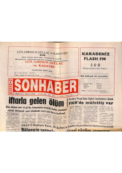 Giresun Son Haber Gazetesi 30 Ocak 1996 - Fkbde Müfettiş Var GZ108246