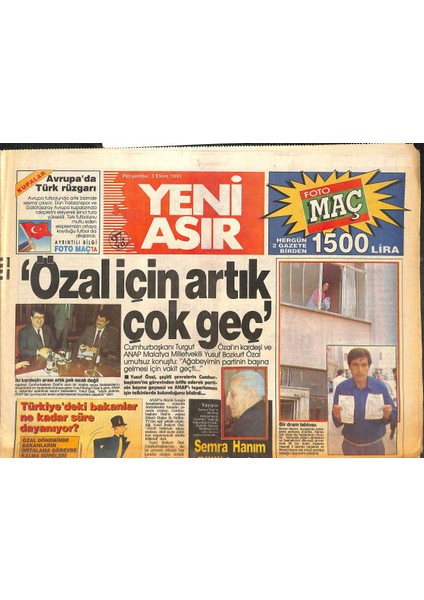 Yeni Asır Gazetesi 3 Ekim 1991 - Mesut Yılmazdan Fenerbahçe Taktiği - Dypnin Izmirde Bir Numarası GZ131939