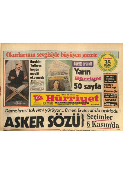 Hürriyet Gazetesi 30 Nisan 1983 - Muazzez Abacı , Zeki Alasya ve Metin Akpınar 20 Milyon Lira Vergi Verdi - Ibrahim Tatlıses Bugün Mevlit Okuyacak GZ127155