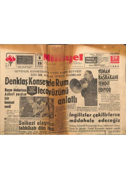 Milliyet Halk Gazetesi 29 Şubat 1964 - Denktaş Konseyde Rum Tecavüzünü Anlattı GZ117721