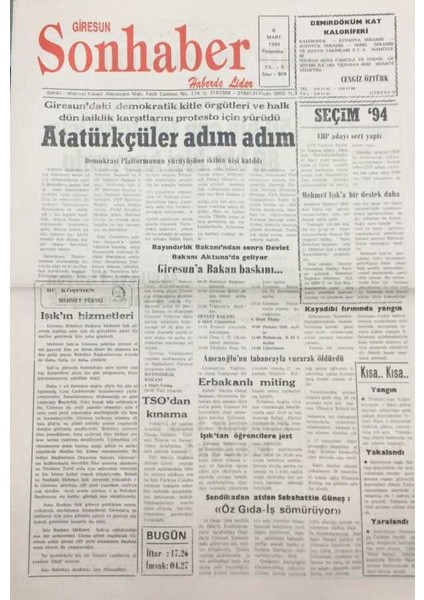 Giresun Son Haber Gazetesi 3 Mart 1994 Giresuna Bakan Baskını GZ14154