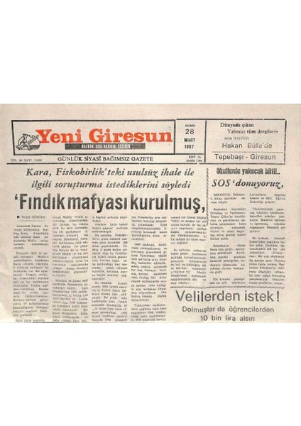 Yeni Giresun Gazetesi 28 Mart 1997 - Kara , Fiskobirlikteki Usulsüz Ihale Ile Ilgili Soruşturma Istediklerini Söyledi GZ113132